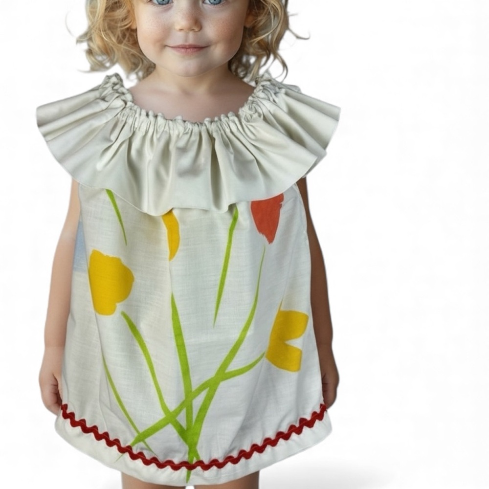 Child's Dress from‎ VTG Pillowcase features Elastic Ruffle Rick Rack Trim Tulips